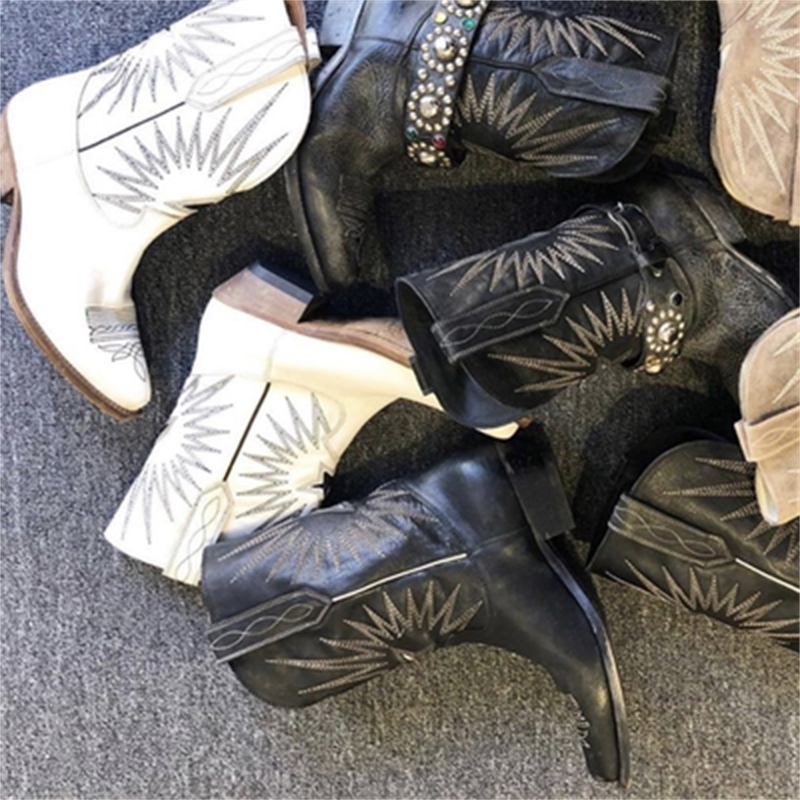 Vinapobo New Embroidered Western Cowboy Boots for Women Square Med Heels Pointy Toe High Quality Knee High Boot Women Shoe 201103