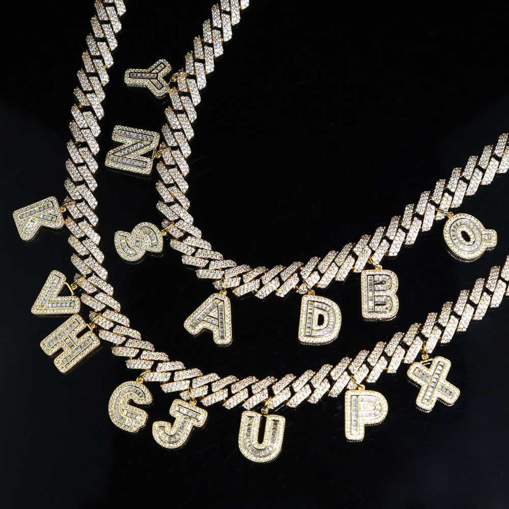 Hiphop Bling 5A Cubic Zirconia 12mm Width Cuban Link Chain Baguette Cz Paved 26 Alphabet Initial Charm Diy Name Choker Necklace