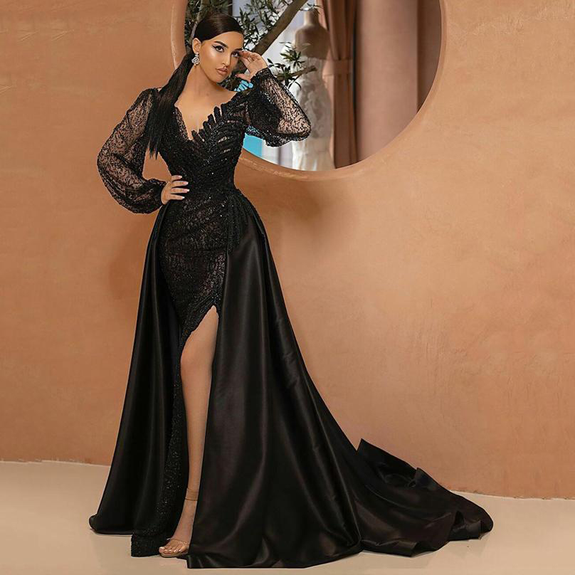 Arabic Long Sleeves Split Mermaid Formal Evening Dresses with Detachable Train V Neck Lace Sequined Backless Prom Gowns, Red
Arabic Long Sleeves Split Mermaid Formal Evening Dresses with Detachable Train V Neck Lace Sequined Backless Prom Gowns, Red