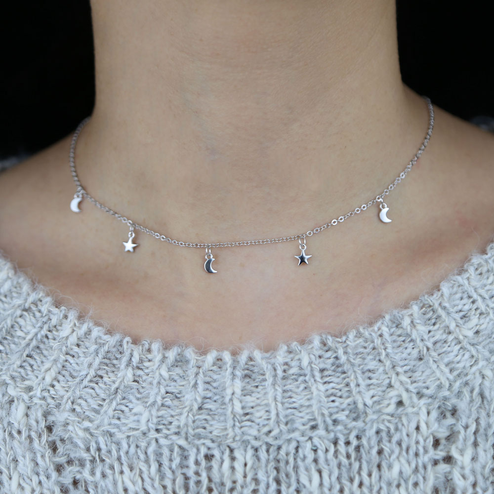 100 925 sterling silver minimal delicate moon star multi charm necklace for women high quality simple elegant necklace jewelry