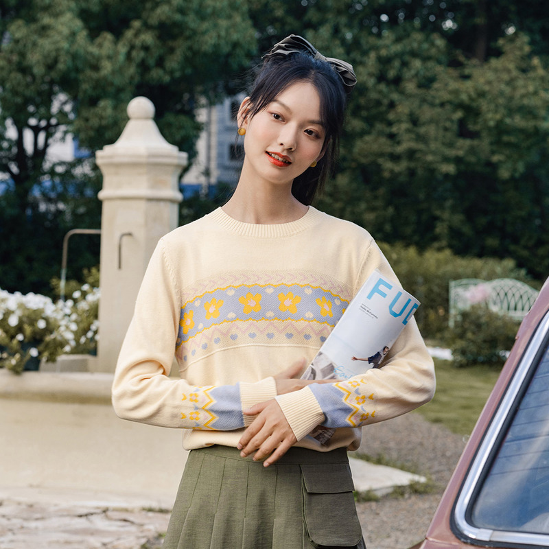 INMAN Autumn Arrival Jacquard Weave Sweater Rib Round Neck Knitting Micro-elastic Keep Warm Pullover Sweater 201225