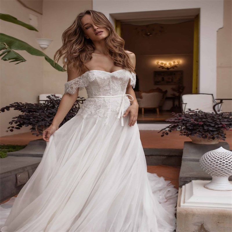 Beach A Line Wedding Dresses Newest Sexy Off Shoulder Appliqued Lace Bridal Gowns Boho Sweep Train Vestido De Novia With Belt
