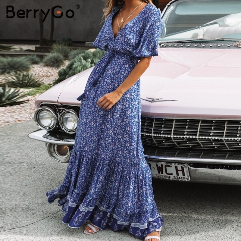 BerryGo women dresses Bohemian dresses print summer dress Short sleeve ruffled long maxi dress vneck drawstring ladies vestidos T200320