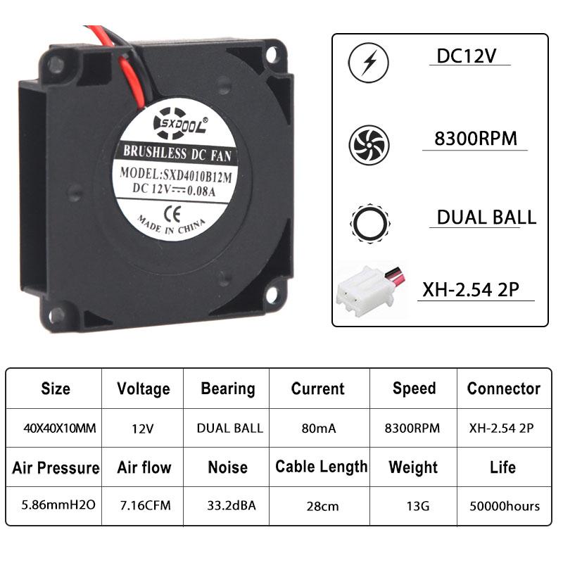 2PCS SXDOOL For 3D Printer Parts 40mmx40mmx10mm 4cm 12V 4010 40mm Dual Ball 80mA 8300RPM DC Cooling Turbo Blower Fan
2PCS SXDOOL For 3D Printer Parts 40mmx40mmx10mm 4cm 12V 4010 40mm Dual Ball 80mA 8300RPM DC Cooling Turbo Blower Fan