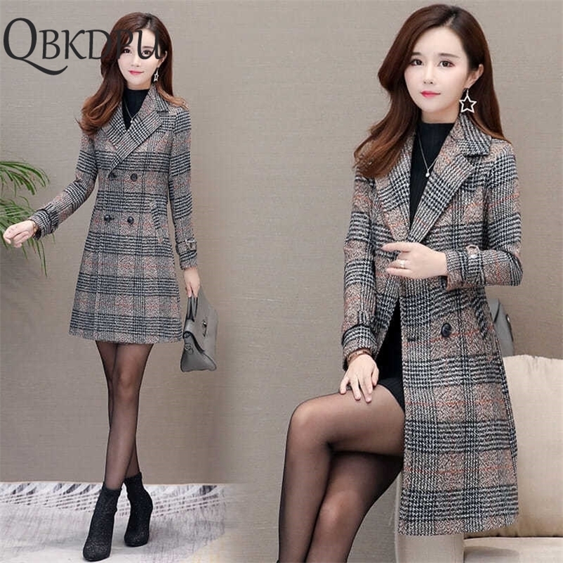 Winter Women Wool Blends Casual Jacket Plaid Trench Coat Elegant Slim Thick Outerwear Cardigan Female Cashmere Overcoat New 201223