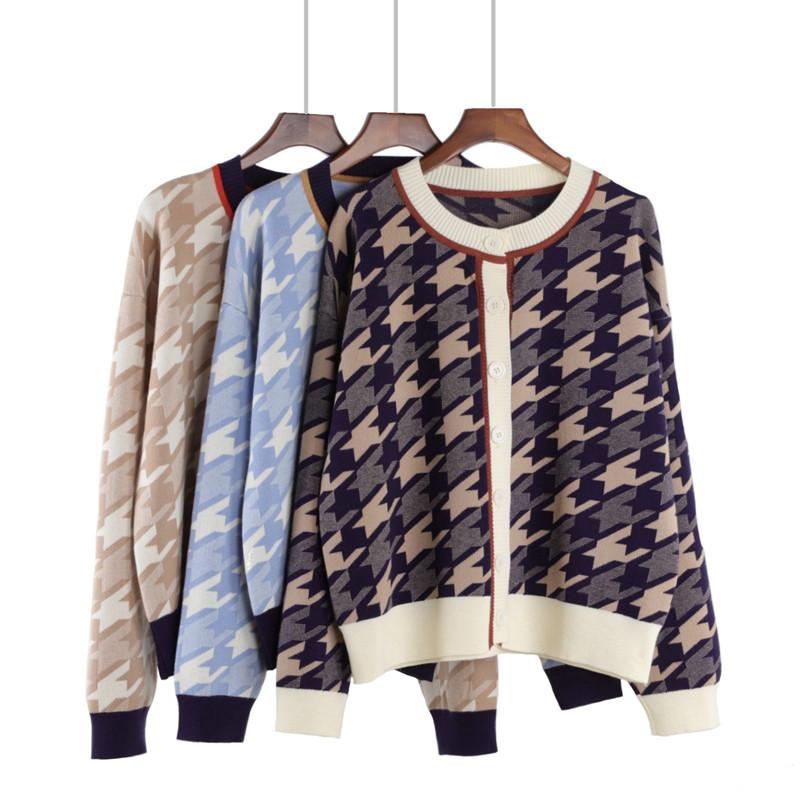 Retro Women Cardigans 2020 Autumn New Houndstooth Checkborad Round Neck Sweaters Korean Elegant Loose Knitted Cardigan Jumpers, Sky blue
Retro Women Cardigans 2020 Autumn New Houndstooth Checkborad Round Neck Sweaters Korean Elegant Loose Knitted Cardigan Jumpers, Sky blue