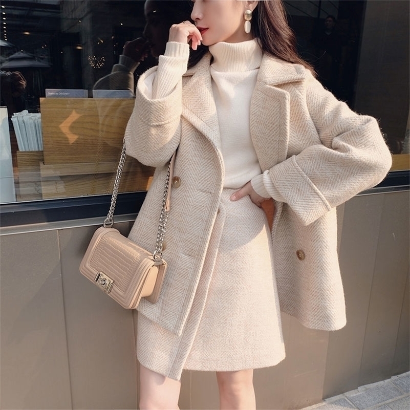 Bella Philosophy Autumn Winter Women Woolen Suit Office Lady Double Breasted Blazer Female Elegant Two Piece Set 201103