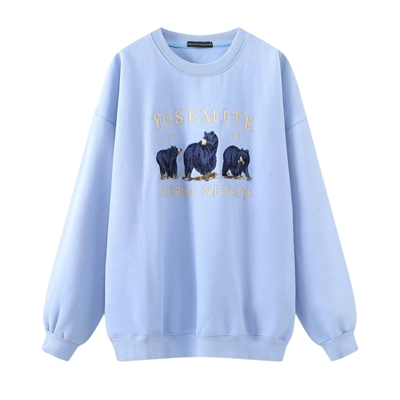 Oversize girls embroidery blue sweatshirts autumn fashion ladies elegant loose pullovers female cute sweatshirt women chic 201211