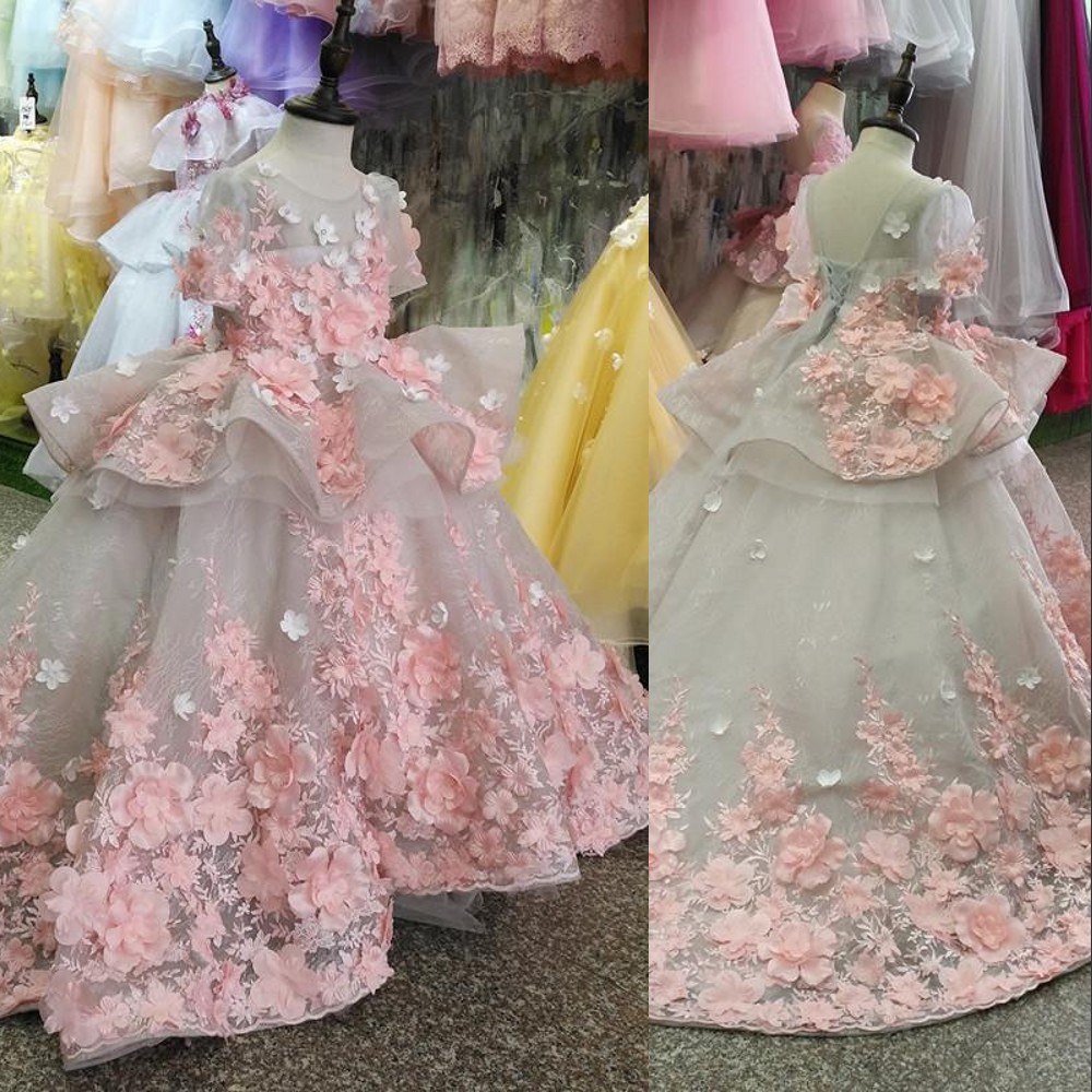 New Flower Girls Dresses Short Sleeves For Weddings Pink Lace Appliques 3D Floral Flowers Ball Gown Birthday Girl Communion Pageant Gowns 403