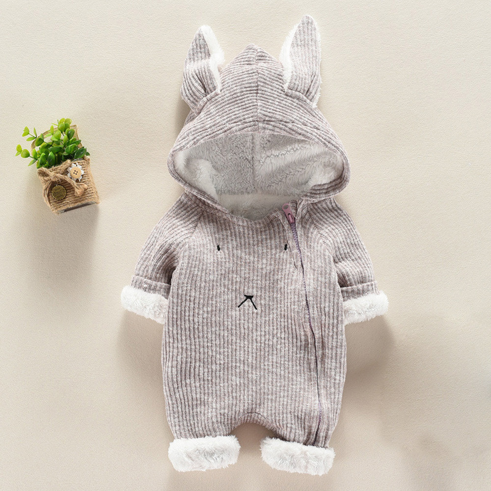 Newborn Infant Baby Romper Boy Girl Cute Cartoon Hooded Rabbit Ear Long Sleeve Jumpsuit Winter Clothes Christmas 6M-2Years Old 201027