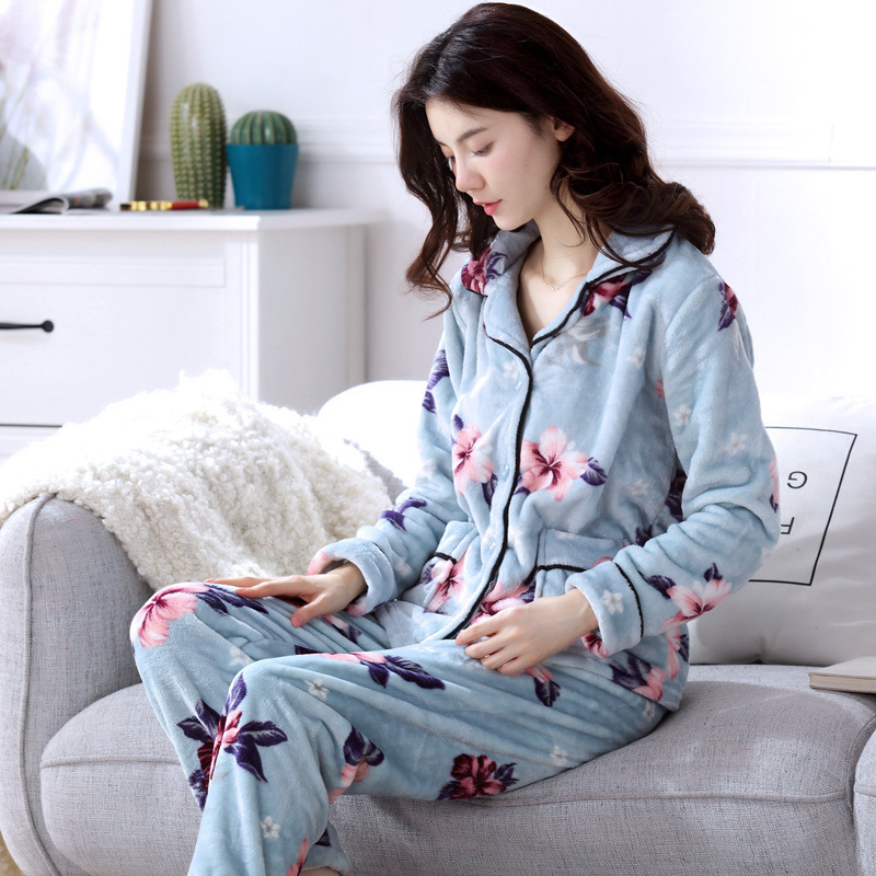 Autumn Winter Warm Flannel Women Pajamas Sets Thick Coral Velvet Long Sleeve Cartoon Sleepwear Flannel Pyjamas Set for Girl 201113