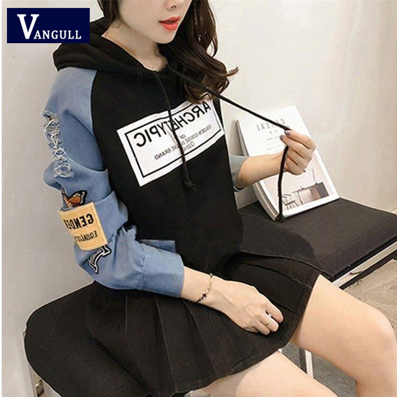 Vangull Harajuku Sweatshirt Women Letter Print Patch Women Hoodies Autumn New Hole Long Sleeve Drawstring Splice Pullovers 201007