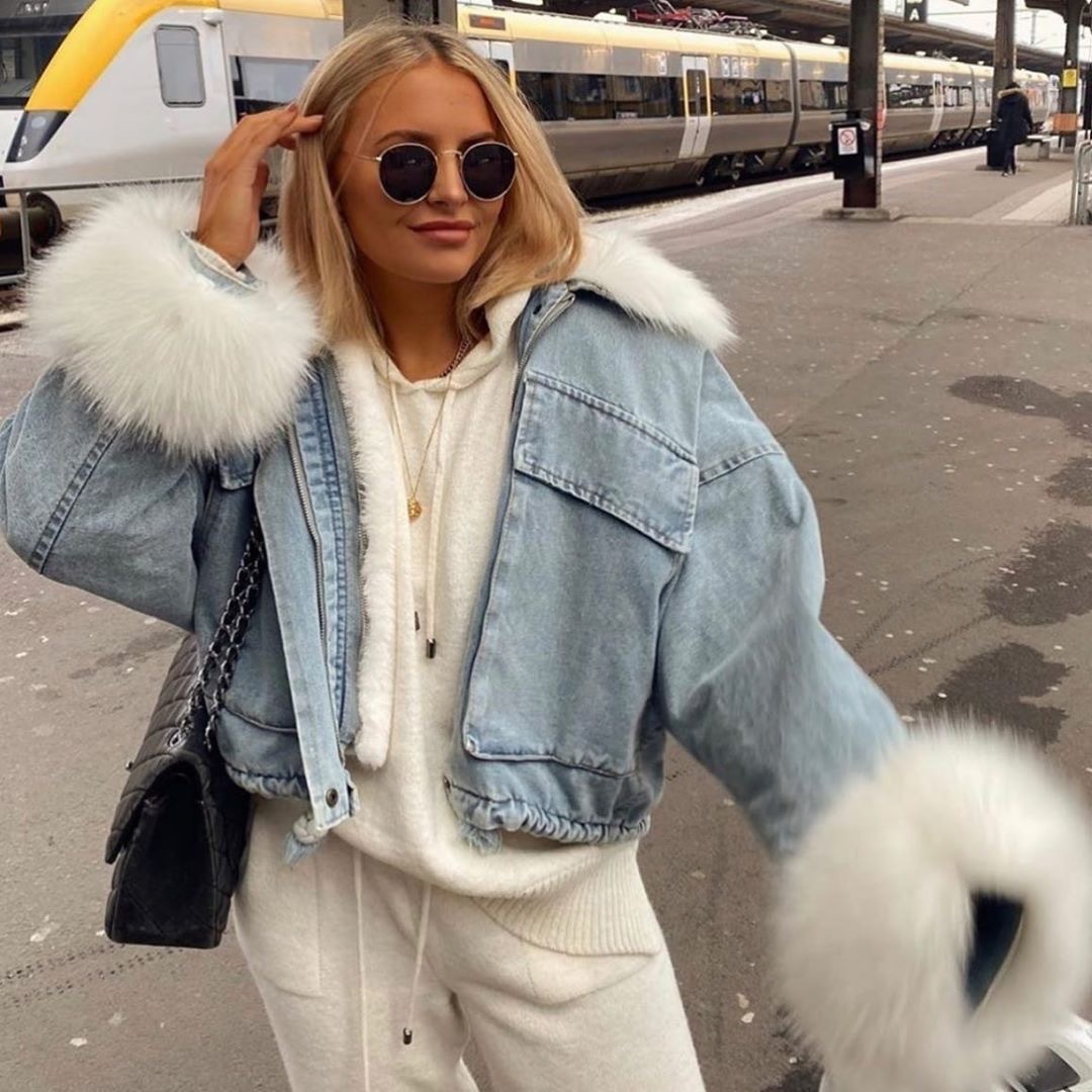 Women Denim Jacket Faux Fur Collar Long Sleeve Casual Thick Winter Outwear Loose Streetwear Woolen Elegant B2