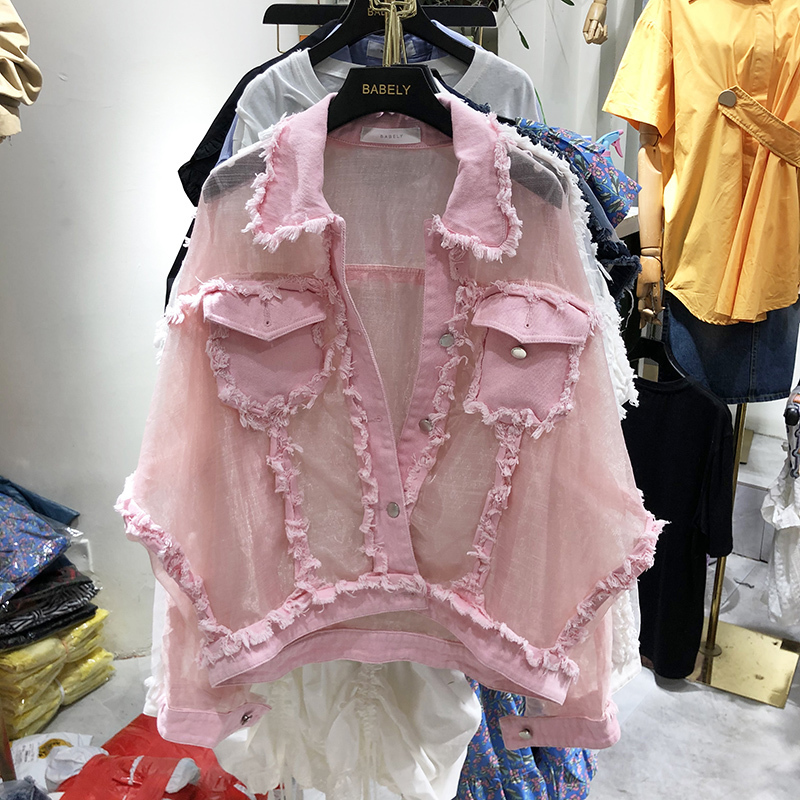 Summer New Fringed Turndown Collar Chiffon Stitching Loose Sunscreen Denim Jacket Harajuku Women's Loose Coat Summer Jacket 201106