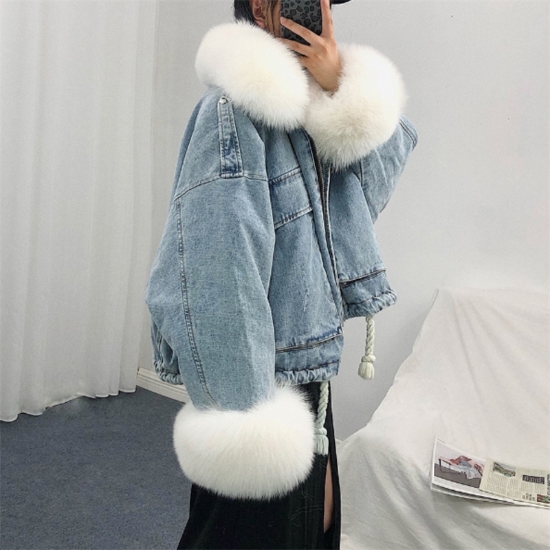 Thick Fleece Winter Denim Jacket Women Warmness Faux Fur Jean Jackets Korean Style Casual Long Sleeve Short Coats Outwear 201029