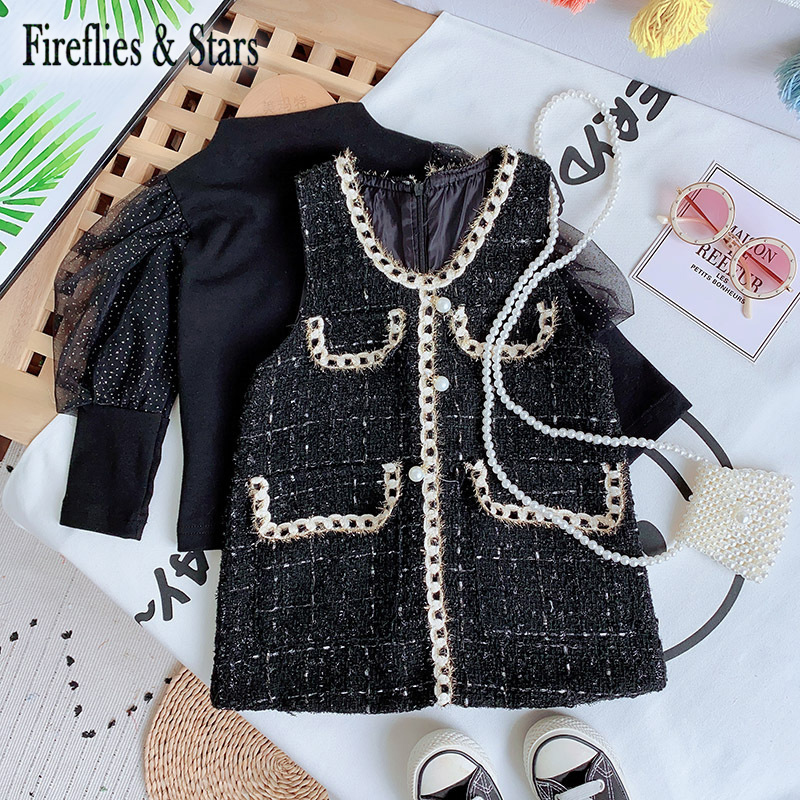 Spring Autumn Girls 2 Pcs Set Baby Warm T Shirt + Vest Dress Kids Suits Children Clothes Gunny Pearl Check Puff Sleeve 4 To 14 YX1019