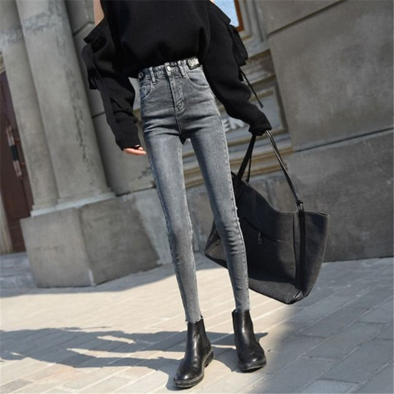 High Waist Ripped Skinny Pencil Jeans Women Plus Size Gray Mom Stretch jeans Ladies Denim Pants Fashion Letter Decoration mujer T200608