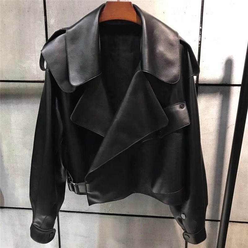 Sungtin Women Faux Leather Jacket Soft Loose Vintage Biker Coat Short Pockets Motor PU Black Jacket Autumn Street Leather Coat 201020