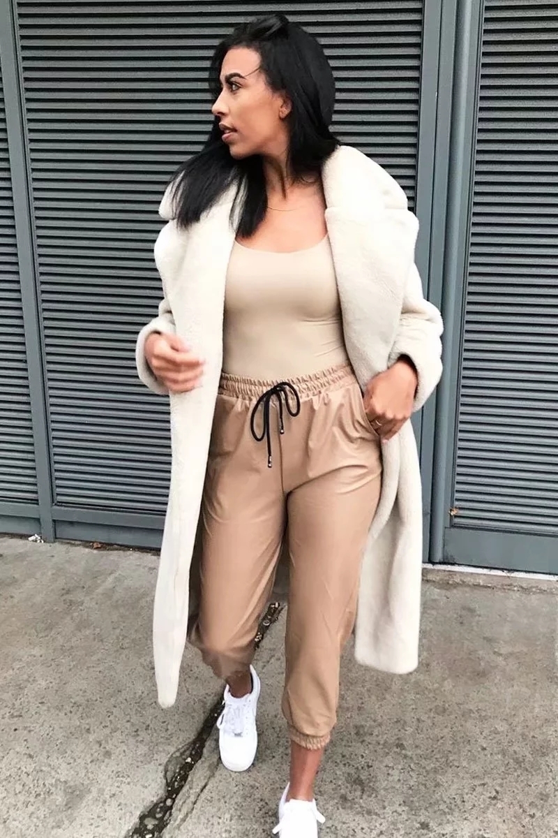Vintage Khaki PU leather pants women sweatpants streetwear Korean Joggers high waist trousers 201111