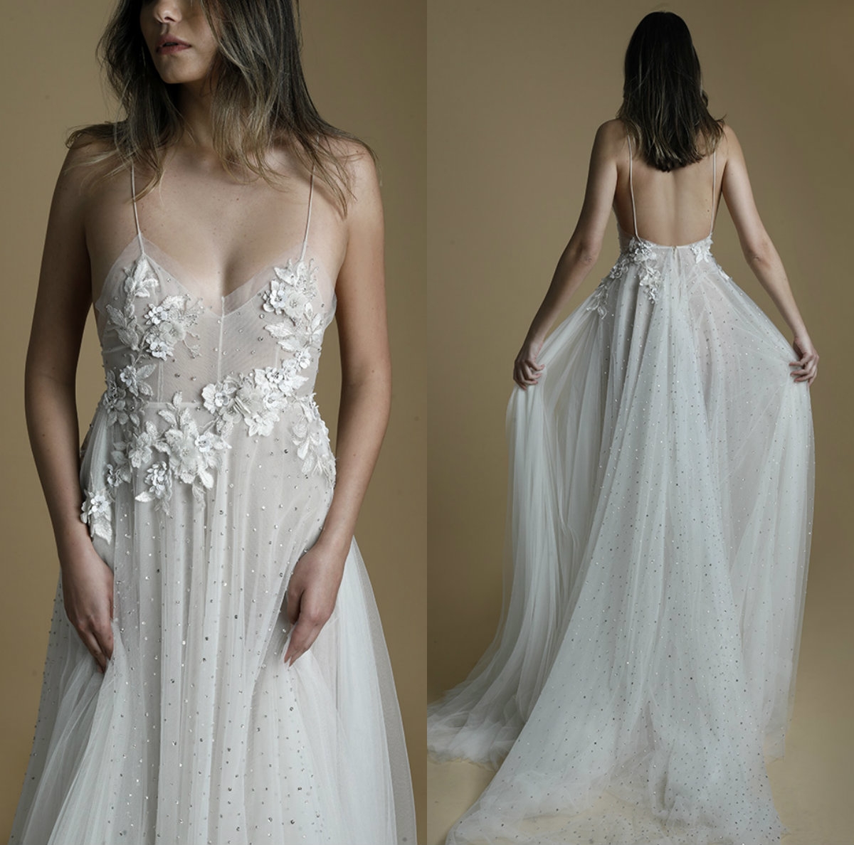 New Liz Martinez Wedding Dresses Sexy Spaghetti Neck Sequins 3D Floral Appliques A Line Bridal Gowns Tulle Backless Wedding Dress