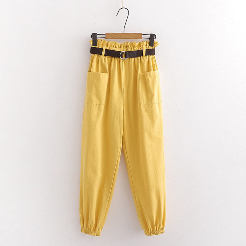 SURMIITRO Korean Ankle Harem Pants Women With Belt Black White Yellow Cotton Female Cargo Pants High Waist Trousers Femme 201228