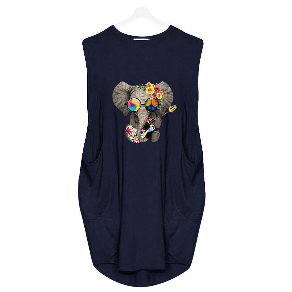 6 Color Cute Elephant Cartoon Print Loose KneeLength Dress Summer Women O Neck Sleeveless Tank Dress With Pocket T200618