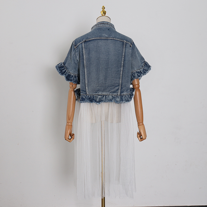 TWOTWINSTYLE Denim Patchwork Mesh Women's Jacket Lapel Collar Short Sleeve Ruffle Jacket Female Streetwear Spring Fashion 201023