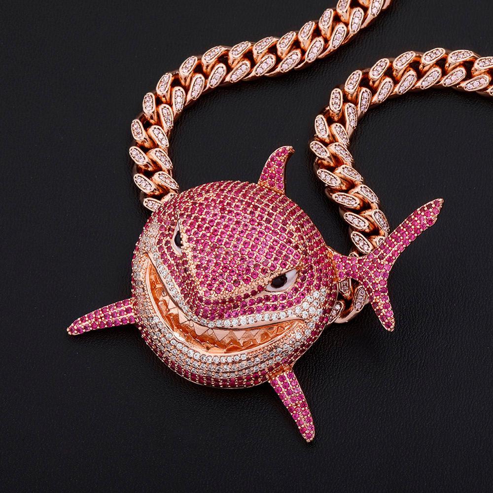 TOPGRILLZ Large 6IX9INE Shark Pendant Iced Cubic Zirconia Pendant Necklace Fashion Jewelry Gift 14mm Cuban Chain Can Passable 200928