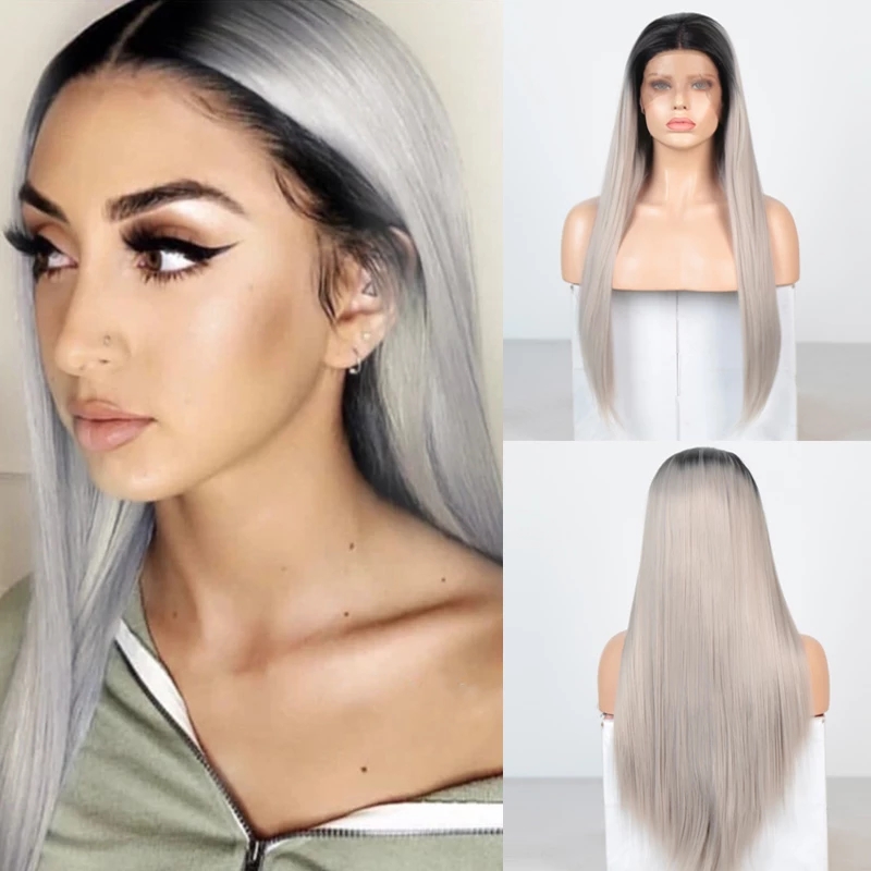 Ombre Silver Grey Wig Long Straight Hair Synthetic Lace Front Wig Heat Resistant Fiber Hair Cosplay Wigs for Women