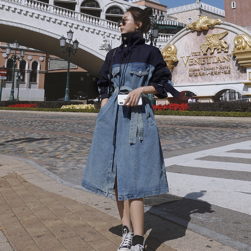 2020 Denim Trench Coat For Women Streetwear Loose Long Coat Women with belt Jeans Trench Coat Female Windbreaker Femme FY71 T200810