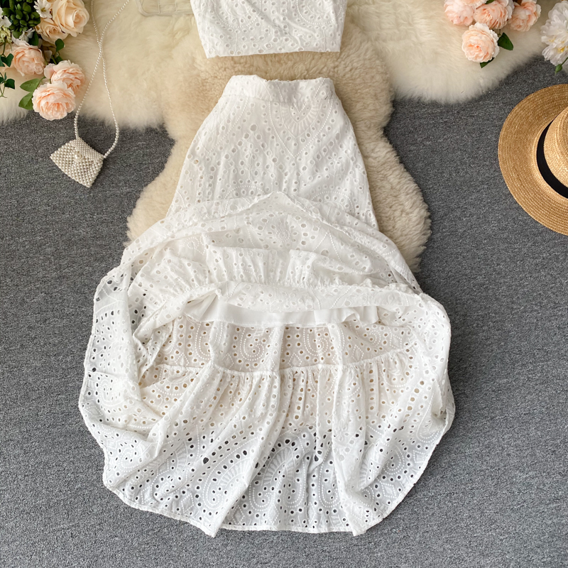 LY VAREY LIN New Summer Zipper Hollow Out Beach Vacation Two Piece Set Square Collar Strap Crop Top High Waist Women Skirt 201027