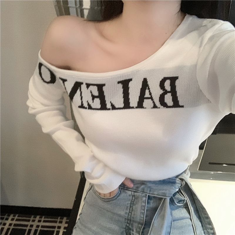 Women's Spring Autumn Knit Sweater Slim Fit Full Letter Knit Tops Sexy Slash Neck Off-Shoulder Bottoming Pullover Sweater ML721 201023