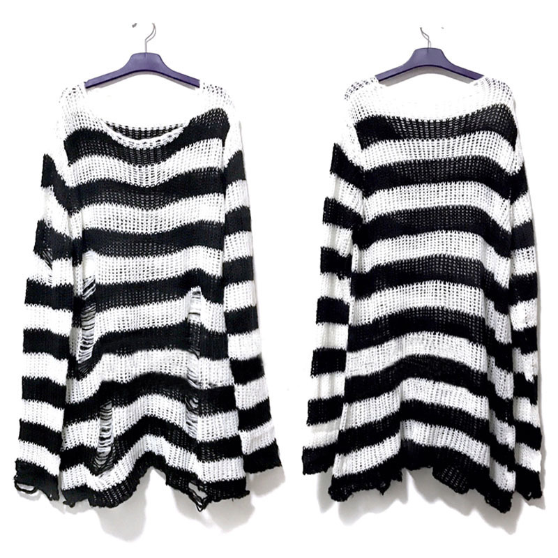 Punk Gothic Long Unisex Sweater Summer Women Striped Cool Hollow Out Hole Broken Jumper Loose Rock Thin Dark Streetwear Top 201017