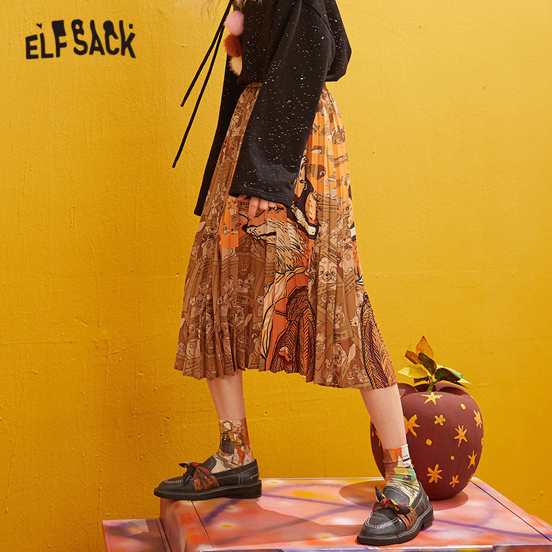 ELFSACK Fox Printed High Waist Pleated Skirts Women Winter New Fashion A Line Skinny Office Ladies Daily Long Skirt T200113