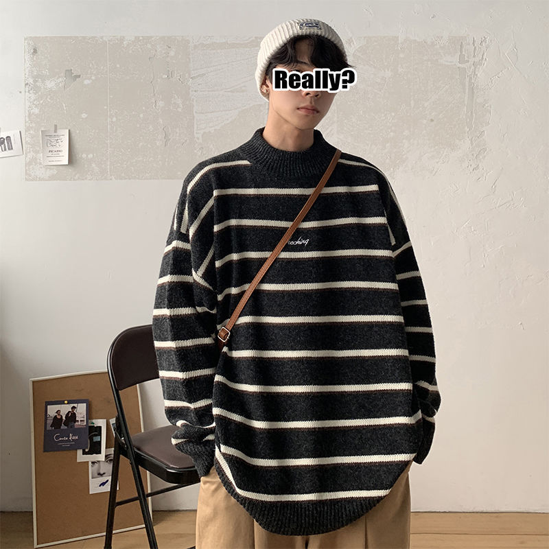 Privathinker Men's Half-turtleneck Embroidered Striped Sweater Winter Warm Woman Korean Streetwear Fashion Pullovers 201224
