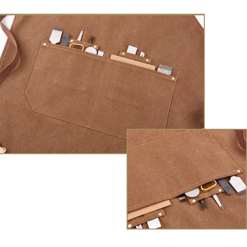 Heavy Duty Waxed Canvas Work Apron with Tool Pockets BBQ Coffee Bib Chef Kitchen ApronCrossBack Straps & Adjustable ML 201007