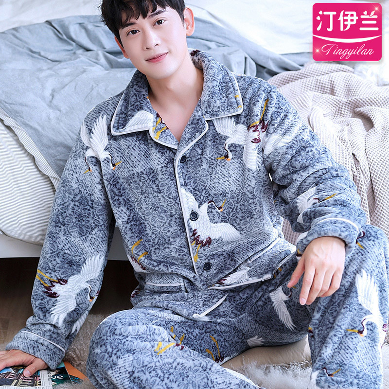 H5898 Sleepwear Young Men Pajamas Set Thick Flannel Cute Homewear Male Coral Velvet Large Size Long Sleeve Winter Warm Nightwear 201109