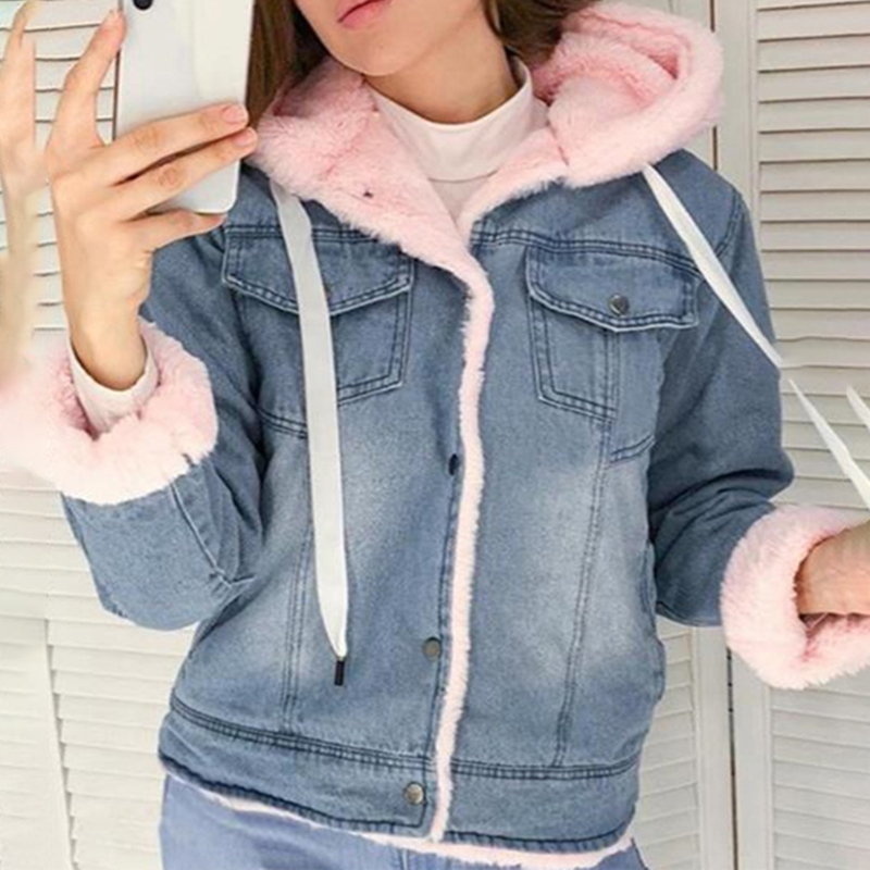 Fur jeans jacket women hooded short autumn winter denim women jacket coat plus size casual warm female coat outwear DR2335 201019