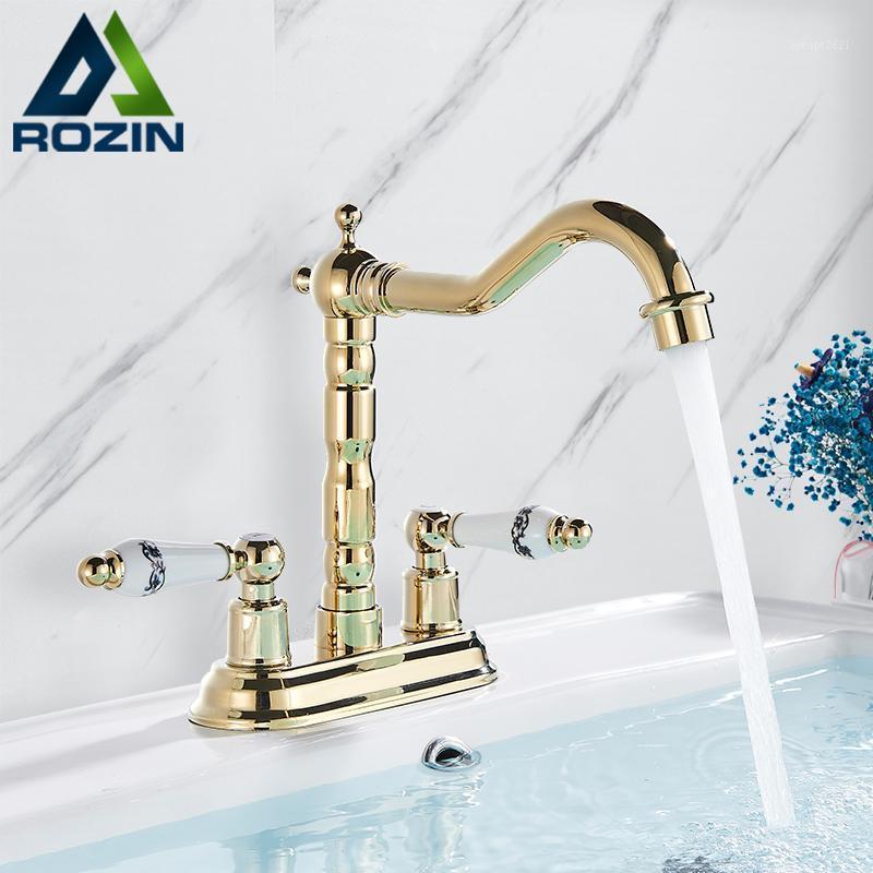 Rozin Gold Basin Faucet Dual Ceramics Handle Widespread Bathroom Faucets Deck Mounted Swivel Spout Hot Cold Water Mixers Tap1
Rozin Gold Basin Faucet Dual Ceramics Handle Widespread Bathroom Faucets Deck Mounted Swivel Spout Hot Cold Water Mixers Tap1