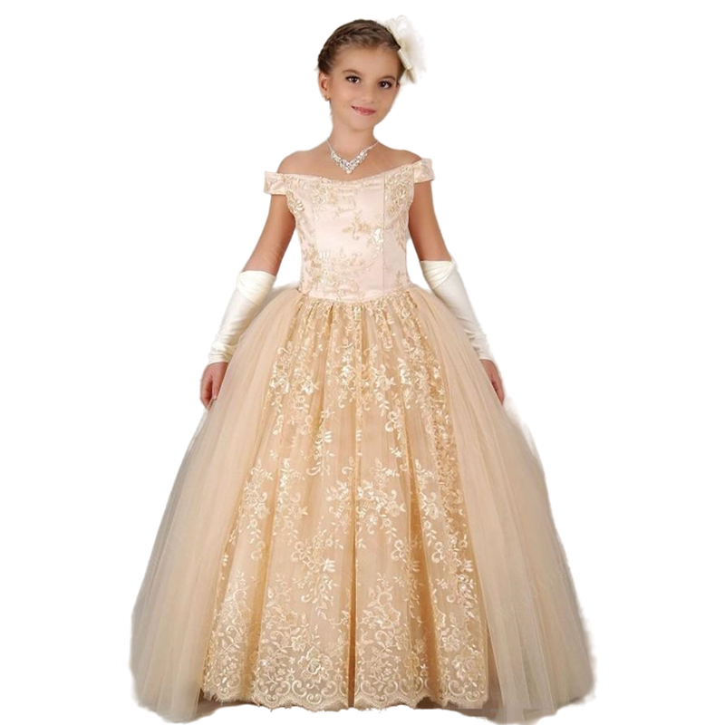 Elegant Light Champagne Long Flower Girls Dresses For Wedding Party Off The Shoulder Lace Appliques Princess Prom Pageant Gowns Toddler Kids Communion