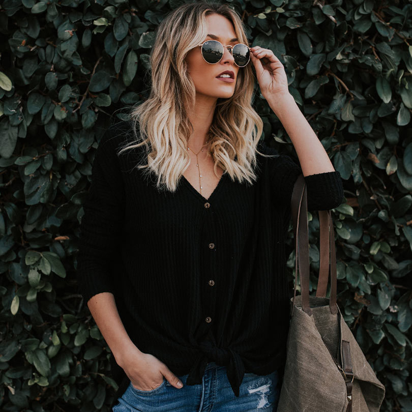 Women Autumn Blouse Waffle Button Up Front Bow Oversize Loose Knit Blouse Shirt Tops Women Blusas Fall New T200320