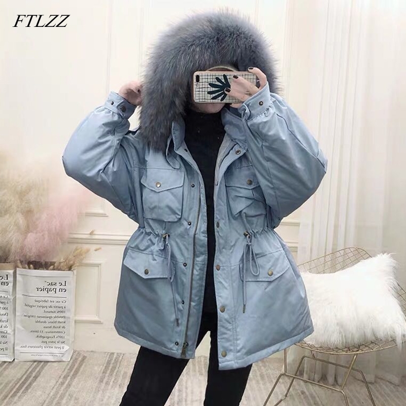 FTLZZ White Duck Down Coat Women Winter Jackets Large Natural Raccoon Fur Hooded Parkas Female Sash Tie Up Warm Snow Outwear 201023