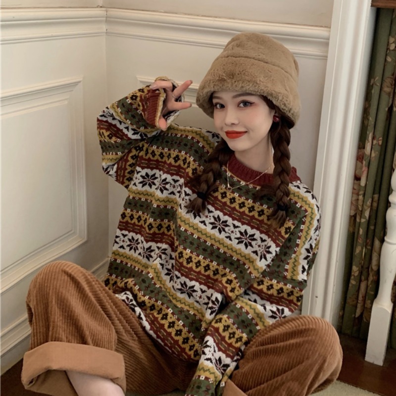 Splicing color women's sweater loose thick Harajuku clothing women's long sleeve retro knitted sweater pullover fall women 201223