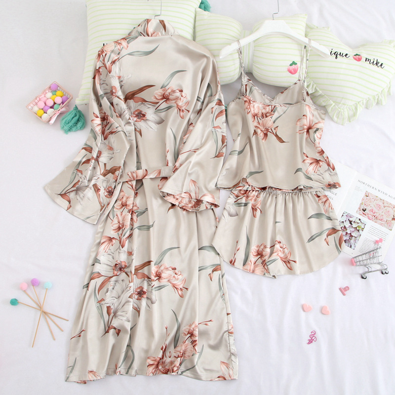 Smmoloa 3 Piece Silk Robe Women Silk Pajamas Set satin pajama sets T200429