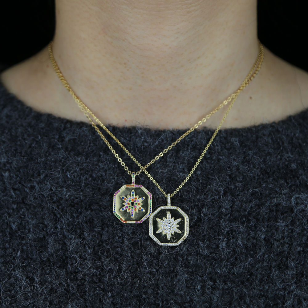 Geometric Fashion European Women Jewelry Promotion Gold Color White Rainbow CZ Starburst Hexagon Coin Pendant Necklace