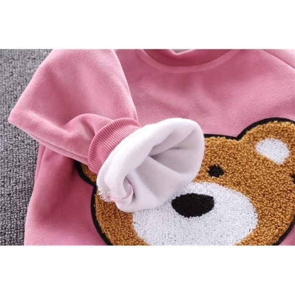 Baby clothes winter thick warm suit cartoon bear hooded sweater baby boy baby girl fleece children gold velvet three-piece suit Y1105
