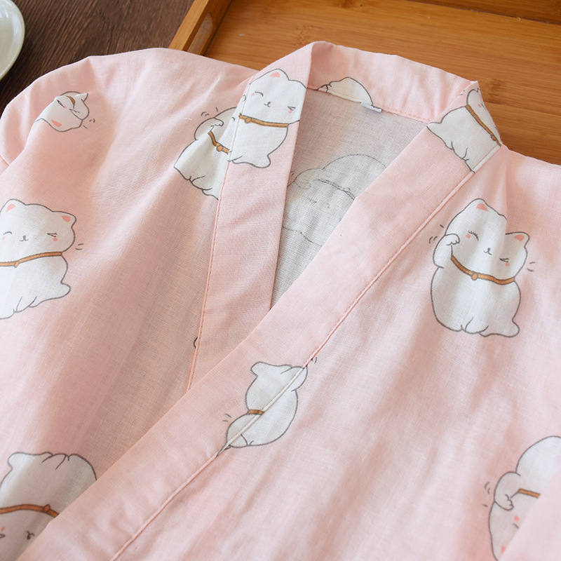 New Ladies Cartoon Cat Print Kimono Trousers Pajamas Suit Cotton Home Service Bath Steamed Clothes Women's Pajama Pants T200429