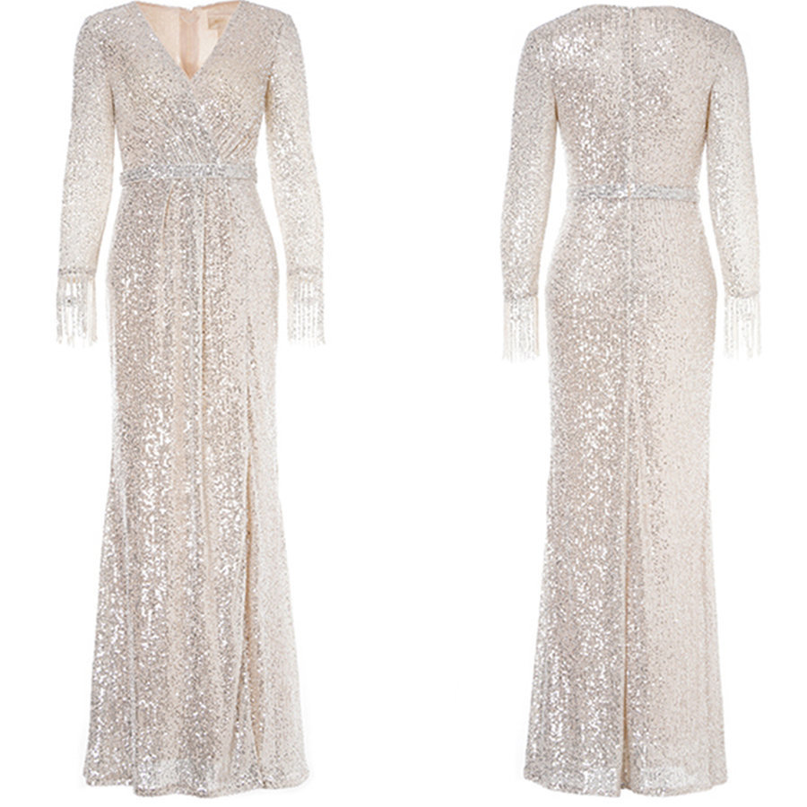 Sequins Formal Gown Silver VNeck Robe De Soiree K019 Long Plus Size Women Party Dresses Elegant Long Sleeves Evening Dress 201114