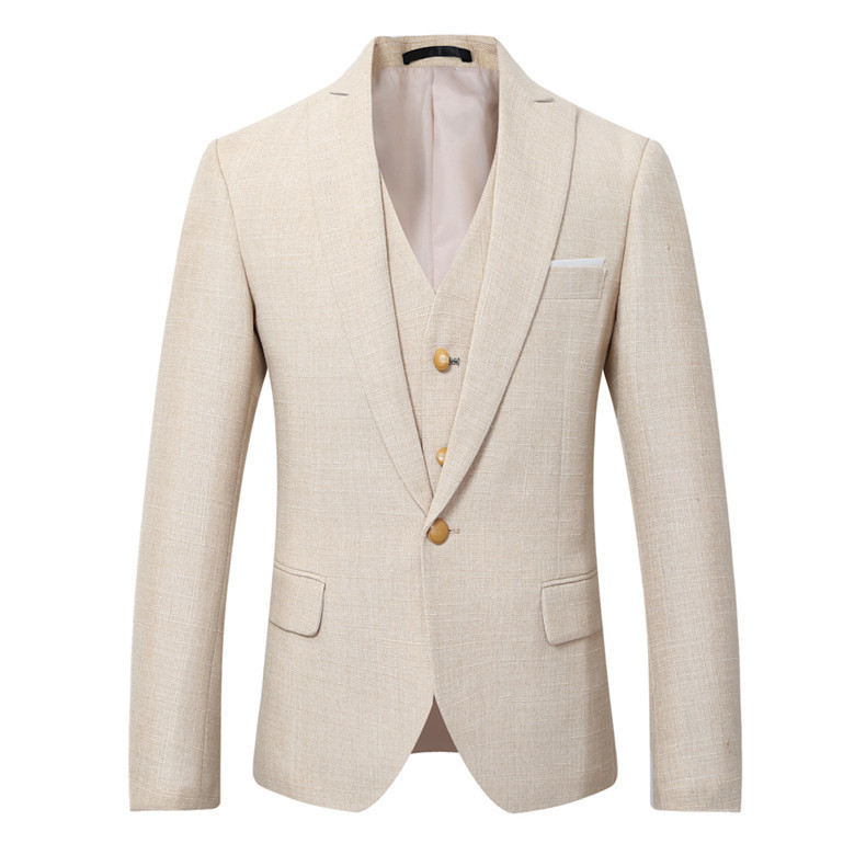 Beige Ivory Men Suit Casual Linen Beach Suit Wedding Groom Stylish Prom Dress Men Party Wear 3 Pieces(jacket+vest+pants) 201105