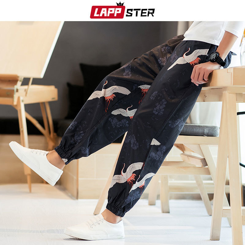 LAPPSTER Men Crane Print Streetwear Joggers Pants Summer Harajuku Thin Harem Pants Mens Fashion Vintage Sinicism Trousers 201110